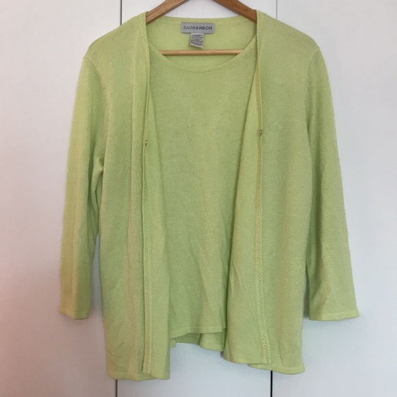 Vintage Sag Harbor Lime Green Shimmer Cami Sweater Duo One Piece, Size Medium - Picture 2 of 12